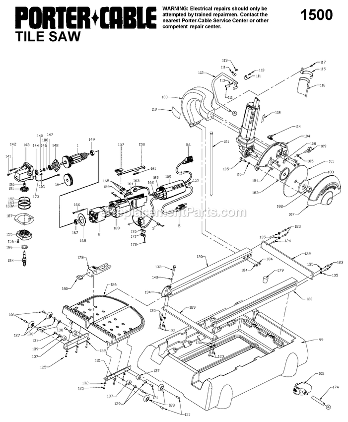 Porter Cable 1500 (Type 1) Tile Saw Power Tool Page A Diagram